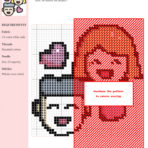 Cross stitch pattern featuring a cute cartoon couple, showcasing a detailed design with various colors and a gridded pattern chart.