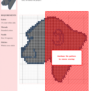 Cross stitch pattern of a gorilla, featuring shades of gray and red, designed for 14-count white aida fabric.
