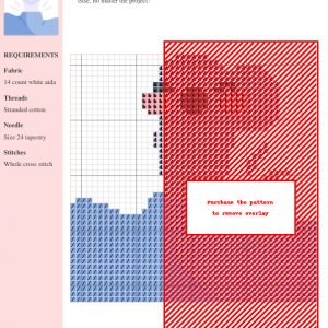 Cross stitch pattern image showcasing a 'Geyser' design in shades of red and blue, featuring clear grid lines and color codes.