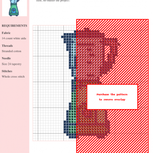 Cross-stitch pattern design of a blender, featuring a blend of muted blues, greens, and reds. The pattern includes clear instructions and DMC/Anchor thread color codes.