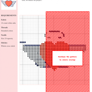 Cross stitch pattern chart depicting a heart with wings, primarily in red and gray tones, on a white 14-count aida fabric. Includes a key and materials list.