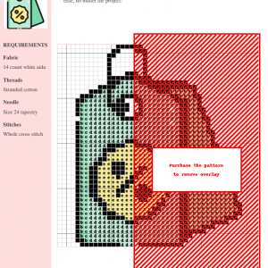 Cross stitch pattern chart featuring a cute tag design with pastel and red colors. The pattern uses whole cross stitches and includes DMC and Anchor thread color numbers.