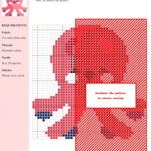 Cross stitch pattern design of a cute octopus in pink and dark blue, suitable for beginners. Includes materials list.