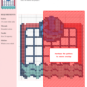 Cross stitch pattern depicting a water polo scene, featuring a goal and ball in various shades of blue, red, and white on a white aida cloth.