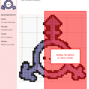 A cross-stitch pattern showcasing a transgender symbol design in shades of red and purple on white aida fabric.