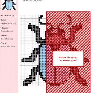 Cross stitch pattern of a beetle, featuring grey, black, light blue, and red threads on white 14-count aida fabric. DMC and Anchor thread color numbers included.