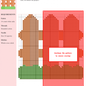 Cross-stitch pattern design of a rustic wooden fence with green grass base, featuring brown and red threads.
