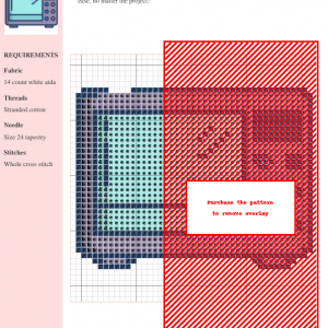 Cross stitch pattern chart depicting a microwave oven, featuring a color key and instructions for DMC and Anchor threads.