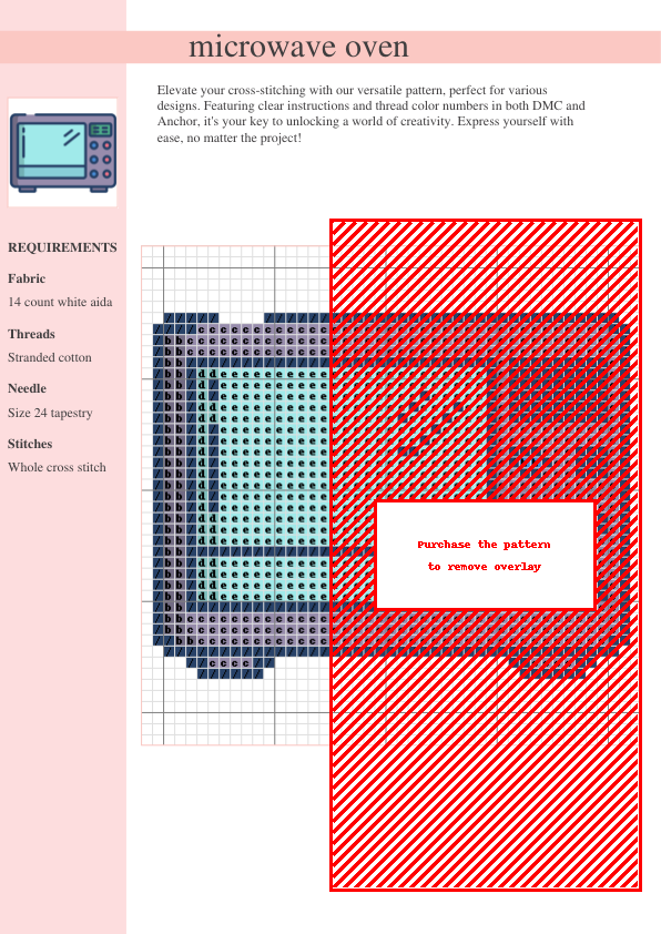 Cross stitch pattern chart depicting a microwave oven, featuring a color key and instructions for DMC and Anchor threads.