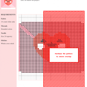 Cross-stitch pattern design of a cute envelope featuring pink and red colors. The pattern includes a chart and instructions.