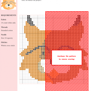 Cross stitch pattern chart featuring a charming lynx design, utilizing beige, orange, and black threads on 14-count white Aida fabric.