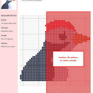 Image of a cross-stitch pattern depicting a woodpecker, featuring red, orange, and gray color tones. The pattern is shown on a grid with clear instructions.