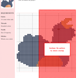 Cross stitch pattern of a capercaillie bird, featuring shades of gray, red, and orange on a white background. The design includes detailed bird features.