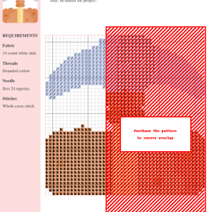 A cross-stitch pattern depicting a pickaxe, featuring a muted color palette of blues, browns, and reds. The design is presented on a grid with clear instructions.