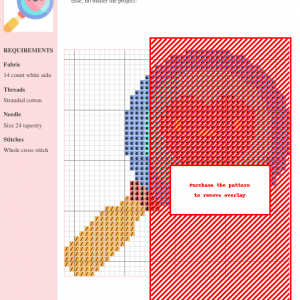 Cross stitch pattern showcasing a partially revealed floral design in shades of red, orange, blue, and beige, using whole cross stitch on 14-count white aida fabric.