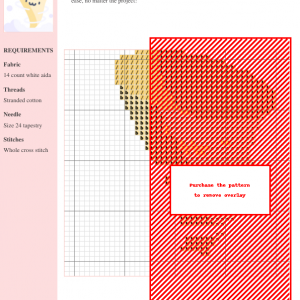 Cross stitch pattern image showing a design featuring red and gold diagonal stripes, ideal for intermediate stitchers.