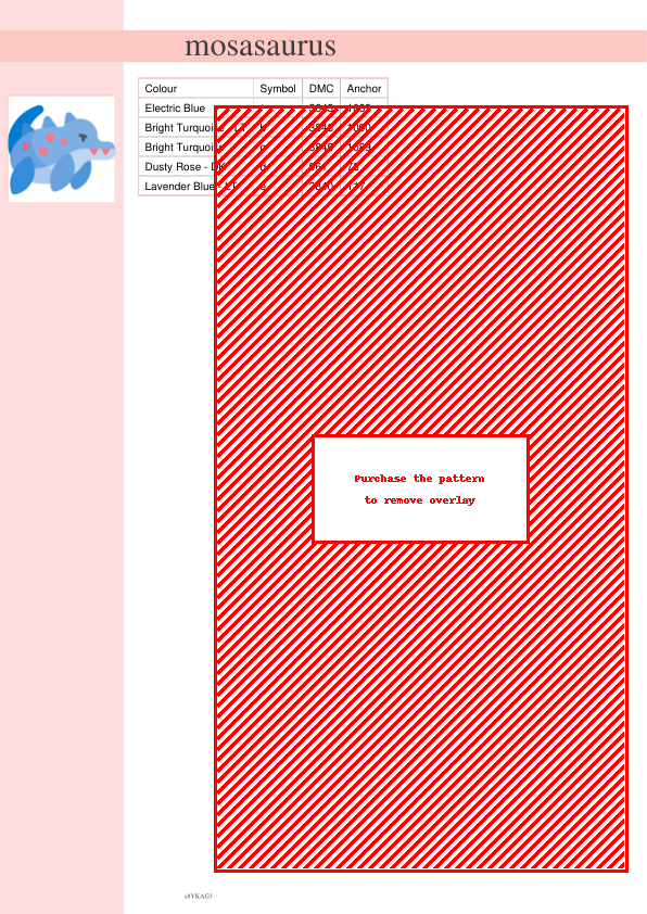 Image of a cross stitch pattern featuring a diagonal striped design in red and white. A small preview shows a cute cartoon Mosasaurus.