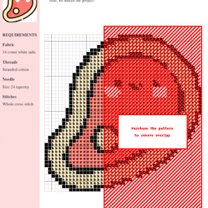 Cross-stitch pattern of a cartoon steak, primarily red and beige, on a white Aida cloth. The design includes simple facial features giving the steak a cute expression.