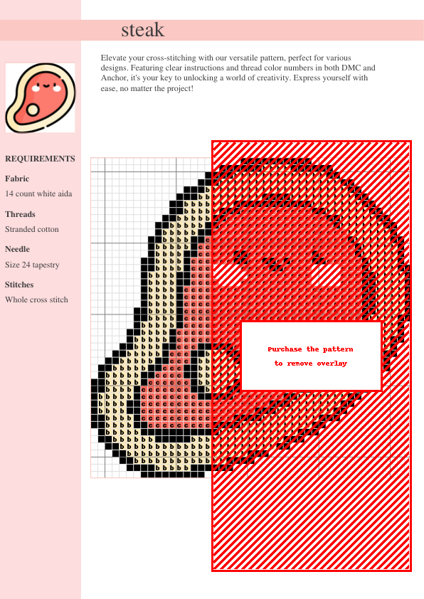 Cross-stitch pattern of a cartoon steak, primarily red and beige, on a white Aida cloth. The design includes simple facial features giving the steak a cute expression.