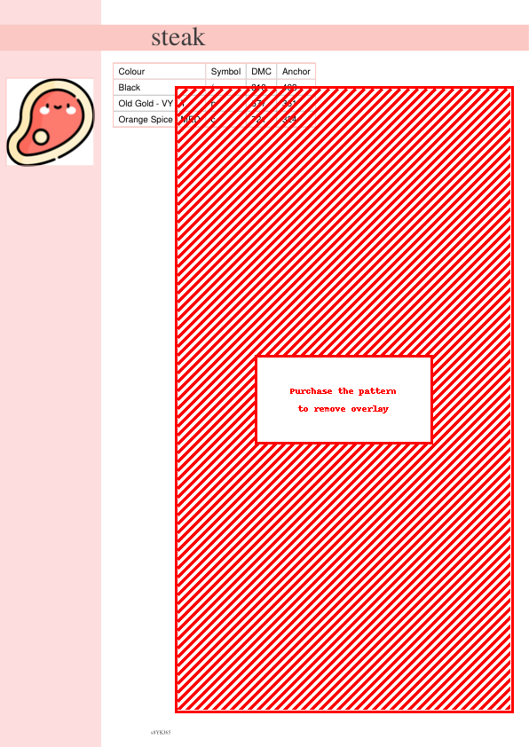 Cross stitch pattern showcasing a diagonal red and white striped design. The design is titled 'Steak' and includes a color key with DMC and Anchor thread codes.