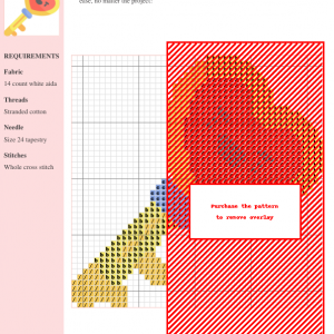 Cross-stitch pattern featuring a heart design in shades of red, orange, and yellow, displayed on a grid with color codes and instructions.