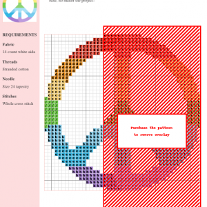 A cross-stitch pattern depicting a rainbow-colored peace symbol. The pattern includes clear instructions and DMC/Anchor thread color numbers.