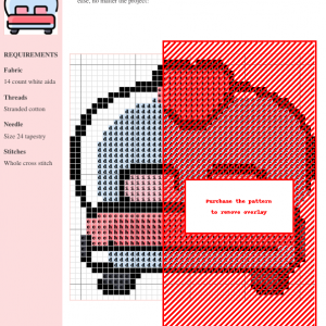 Cross stitch pattern design of a cute double bed, featuring a color key and instructions for creating the design.