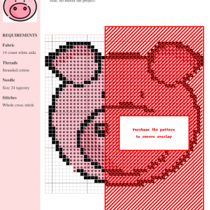 Cross stitch pattern of a cute pig, featuring pink and black threads on white aida cloth. The design is simple yet charming.