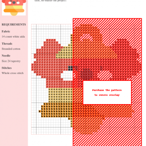 Cross stitch pattern chart of a cute bell, featuring orange, red, and beige threads on 14-count white aida fabric.