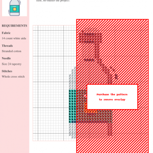 Image of a cross-stitch pattern depicting a wine bottle, showcasing a color chart and instructions. The design uses whole cross stitches on 14-count white Aida cloth.