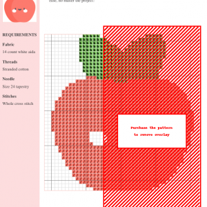 Cross-stitch pattern of a red apple with green leaf, featuring a color-coded chart and materials list.