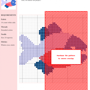 Cross stitch pattern of a piranha fish, featuring blue, red, and purple thread colors on 14-count white aida fabric. The design is partially obscured by a red overlay.