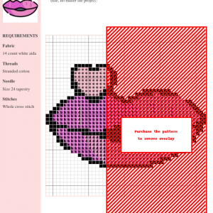 Cross stitch pattern design of a pink lip with a heart, showcasing a detailed chart with color codes for DMC and Anchor threads.