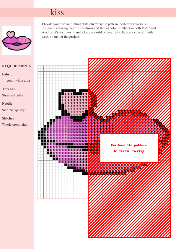 Cross stitch pattern design of a pink lip with a heart, showcasing a detailed chart with color codes for DMC and Anchor threads.