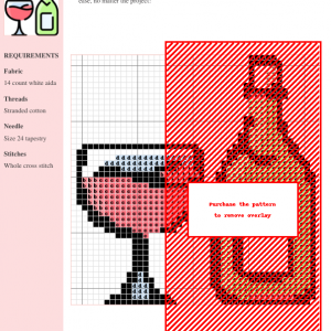 Cross stitch pattern depicting a bottle and glass of champagne. The design is primarily red and pink on white aida cloth.