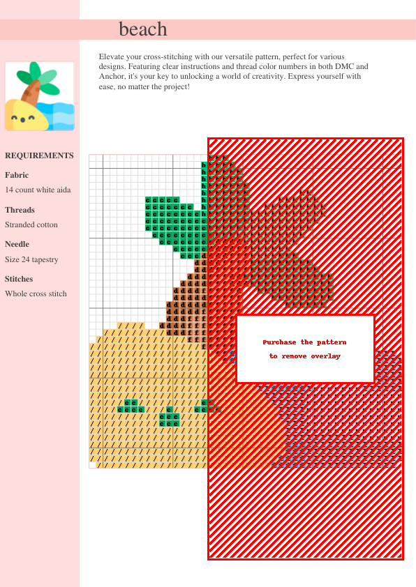 Cross-stitch pattern depicting a beach scene with palm trees, sand, and ocean elements. Uses various shades of green, orange, beige, and red.