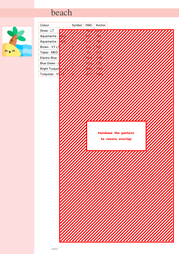 Cross stitch pattern featuring a diagonal striped design in red and white, with a color key and DMC thread codes.