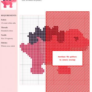 Cross-stitch pattern of a cute pink and grey dinosaur, Silvisaurus, ready to stitch. Includes a color key and materials list.