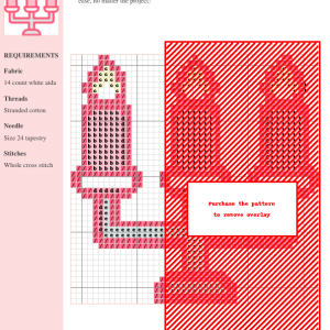 Cross-stitch pattern design of a candle, showcasing a detailed chart with color-coded stitches and material requirements.