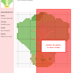 Cross-stitch pattern chart depicting a lettuce head in shades of green and tan. The pattern includes clear instructions and DMC/Anchor thread color codes.