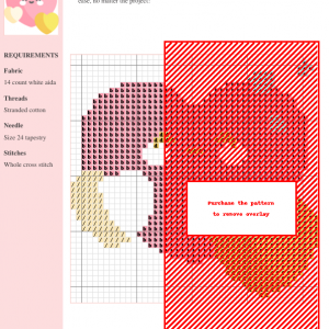 A cross-stitch pattern design featuring a heart in shades of red, pink, and beige. The pattern includes a grid and color-coded symbols for easy stitching.