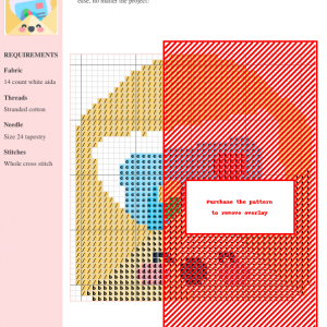 Cross stitch pattern design featuring a stylized letter, predominantly in yellow, red, and blue, on a white aida cloth. Clear instructions and DMC/Anchor thread color codes are included.