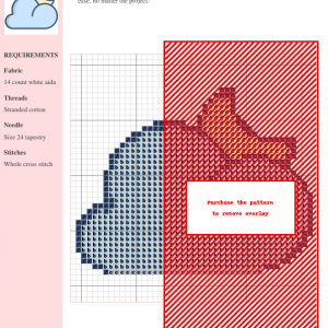 Cross-stitch pattern featuring a moon and cloud design in blues and reds on a white aida cloth. Clear instructions and DMC/Anchor thread color numbers are included.