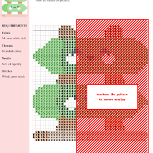 Cross stitch pattern featuring two charming green plants with smiling faces, using various shades of green, brown, and possibly red threads.