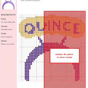 Cross stitch pattern for a headband featuring a stylized design in purple and cream on white aida cloth. DMC and Anchor thread colors are included.
