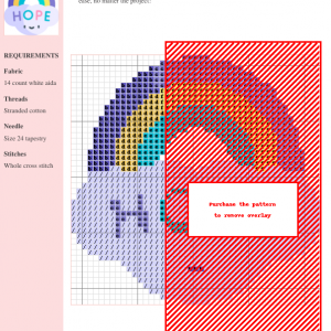 Cross-stitch pattern showcasing a hopeful rainbow design, using various shades of purple, blue, green, yellow, orange, and red. The pattern includes clear grid lines and color-coded symbols.