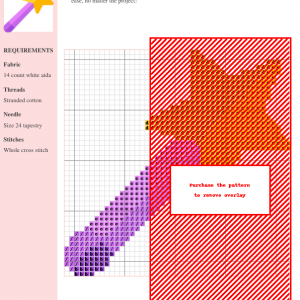 Cross stitch pattern featuring a magic wand design in shades of purple, pink, and orange. The image shows a color key and gridded chart.