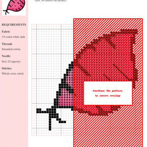 A cross-stitch pattern design of a sweet potato in shades of pink and red on a white aida cloth. The image shows the pattern chart with material requirements.