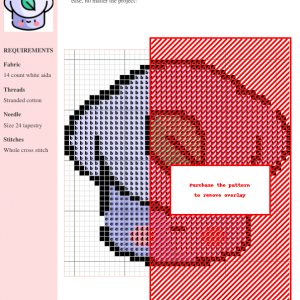 Cross-stitch pattern of a cute chef character, featuring shades of purple, red, and white. The design is presented on a grid with color-coded symbols.