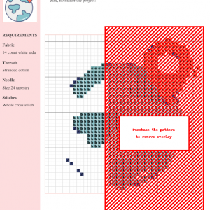 Image of a cross-stitch pattern featuring a stylized world map design in muted blues and a bold red accent. The pattern uses whole cross stitch and includes clear instructions.